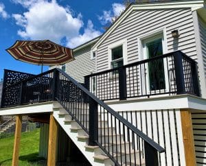 image from the ground of a newly built composite deck in Salem NH